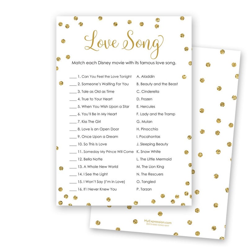 MyExpression.com 24 Cnt Love Song Match Bridal Game Cards (Faux Gold Glitter on White) - Image 1